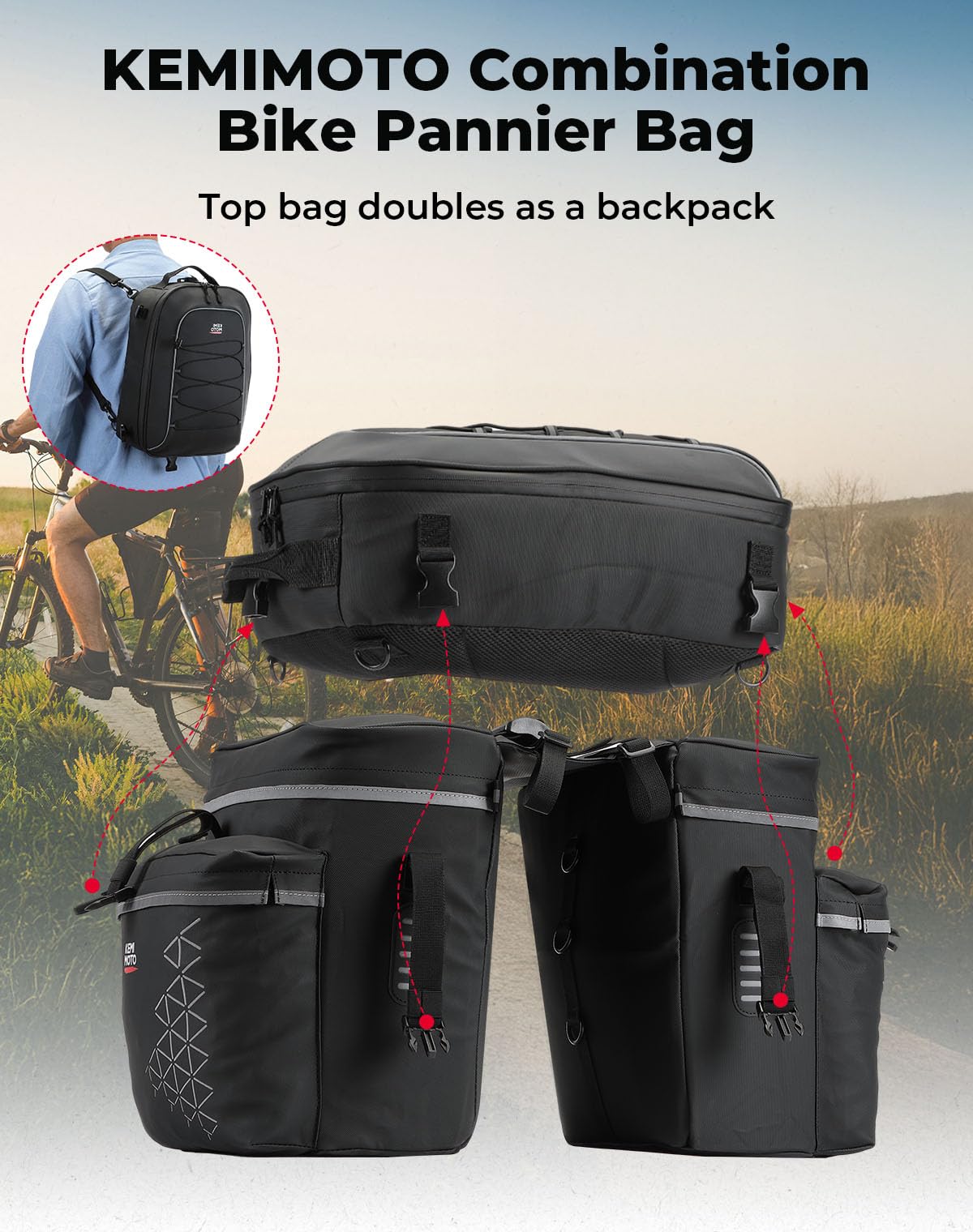 KEMIMOTO Large-Capacity Bike Pannier Set with Rain Cover
