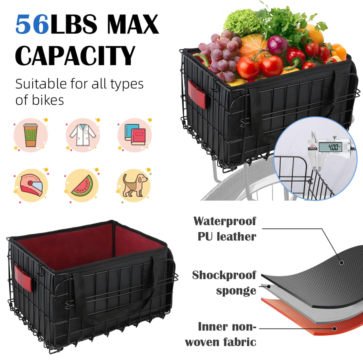 Quick-Release Folding Rear Bike Basket with Waterproof Liner