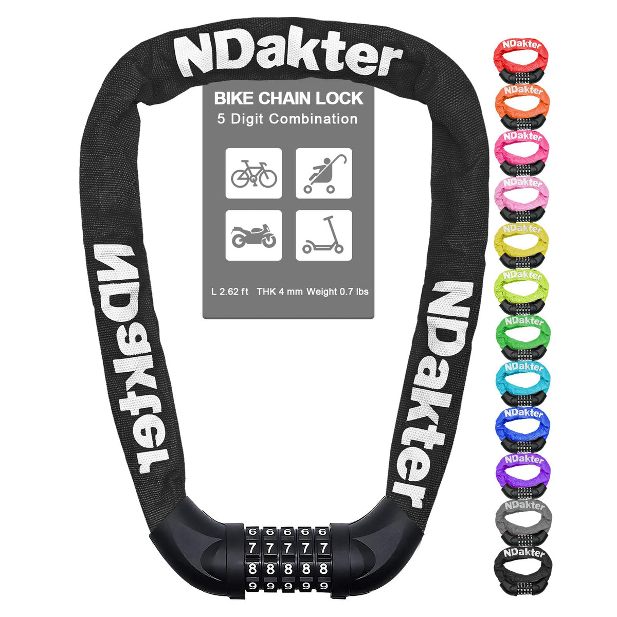 NDakter 5-Digit Heavy-Duty Combination Bike Chain Lock
