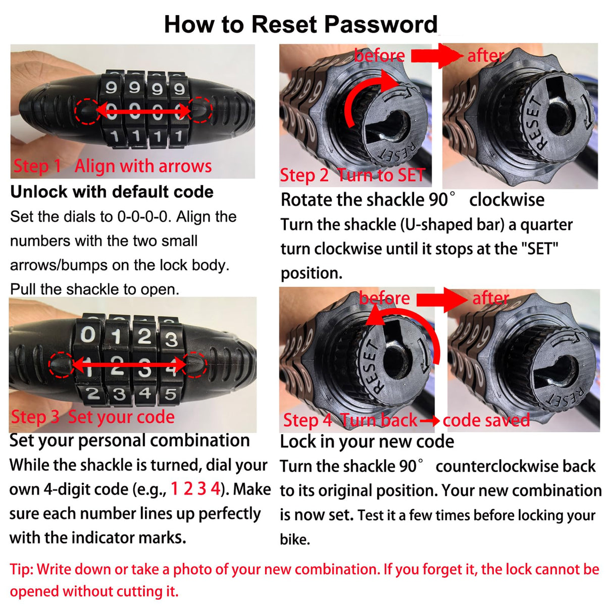 2-Pack 4-Digit Resettable Combination Bike Cable Locks